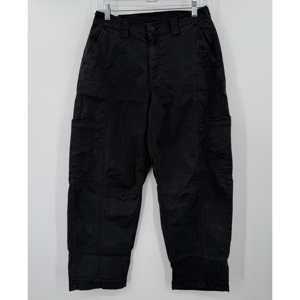 American Eagle Black Stretch Cargo Pants High Rise Tapered Crop Utility Womens 4